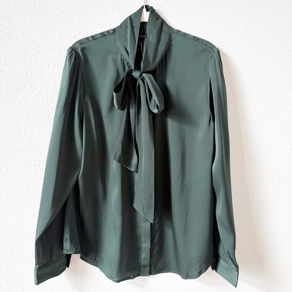 Quince Washable Silk Tie Neck Blouse Forest Green Size Large